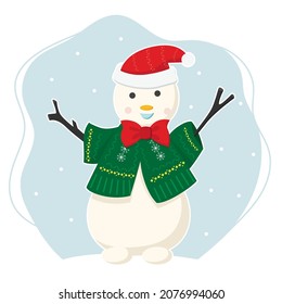 Tarjeta de felicitación vectorial de Navidad con un lindo muñeco de nieve. Ilustración vectorial de Año Nuevo