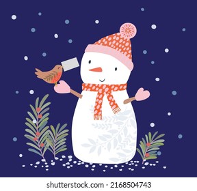 Christmas vector greeting card with cute snowmen. Colorful winter cartoon background. New year vector illustration.