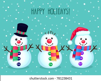 Christmas vector greeting card with cute snowmen. Colorful winter cartoon background. New year vector illustration with text "Happy holidays!"