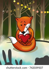 Christmas vector greeting card with a fox in love