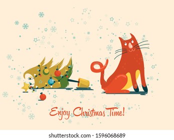 Christmas vector greeting card with funny red cat 