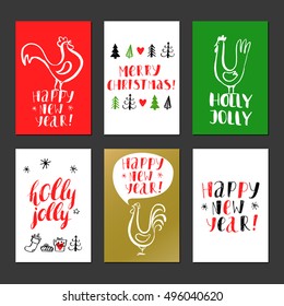 Christmas vector greeting card and gift tags. Modern calligraphy. Hand drawn inscriptions and elements. Handwritten brush lettering with rough edges. Fiery rooster. 