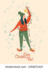Christmas vector greeting card with girl and garland