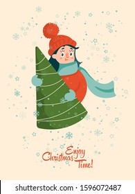 Christmas vector greeting card with girl and christmas tree