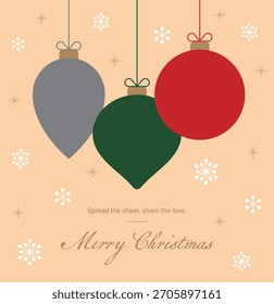 A Christmas vector greeting card with hanging ornaments. Featuring 'Merry Christmas' script typography and snowflakes, this stylish and simple holiday design is perfect for banners and invitations.