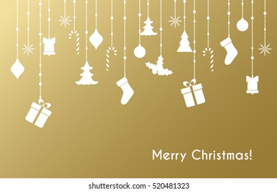 Christmas vector greeting card with hanging shine christmas toys, gift boxes on a gold background