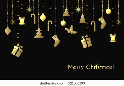 Christmas vector greeting card with hanging gold shine christmas toys, gift boxes on a black background