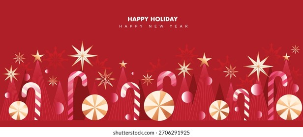 Ilustración de la tarjeta de felicitación del Vector de las Navidades con el fondo rojo, los bastones de caramelo, las estrellas y los dulces festivos para el año Nuevo feliz — diseño brillante del día de fiesta