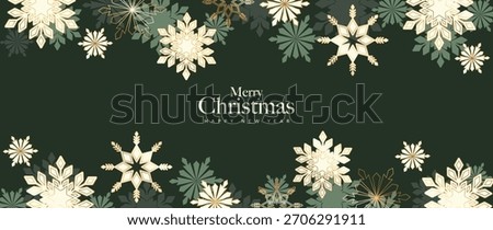 Christmas vector greeting card illustration with dark green background, cream snowflakes and gold accents for Happy New Year — festive winter design