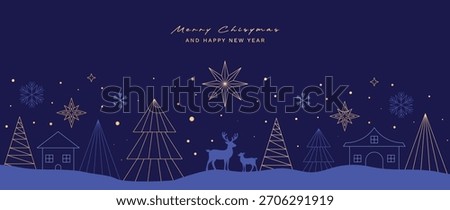 Christmas vector greeting card illustration with deep blue background, gold and blue trees, reindeer and stars for Happy New Year — winter night design