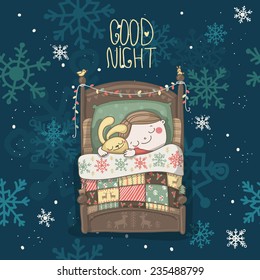 Christmas vector greeting card with message Good night and a boy, sleeping with rabbit 