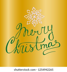 Christmas vector greeting card on a golden background with hand lettering and snowflake