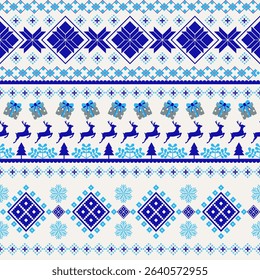 Christmas vector greeting card pattern with blue stars and snowflakes - Scandinavian knnitting, cross-stitch design. Nordic retro Xmas repetitive background