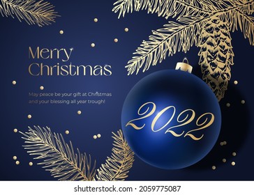 Christmas Vector Greeting Card, Poster or Holiday Background. Classy Blue and Gold Colors, Glitter Tinsel and Contemporary Typography. Realistic Xmas Bauble with Hand Drawn Spruce Pine Branches.