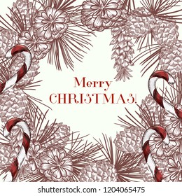 Christmas vector greeting card with sweets and Xmas tree