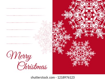 Christmas Vector Greeting Card Template with Blank Text Field and Beautiful Snowflake Decoration. Simple Seasonal Card in Flat Design and with Red Background. Free Space for Own Text and XMAS Wishes!