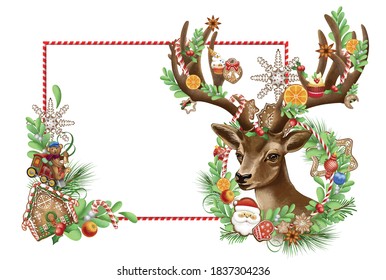 Christmas vector greeting card. With Christmas toys, gingerbread, Christmas trees, gifts and berries. Design for a holiday leaflet or banner.