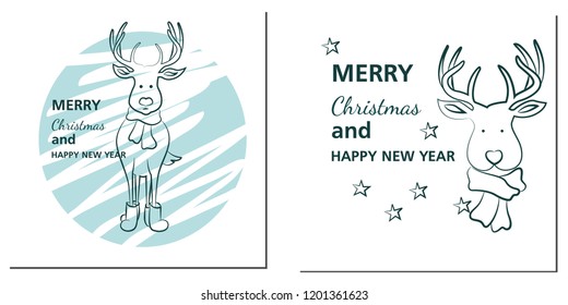 Christmas vector greeting cards with deer and stars. Stylish decision for your project