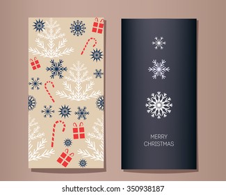 Christmas vector greeting cards set. Three snowflakes different sizes and shapes, fir tree and gift pattern, beige background. Minimalism.