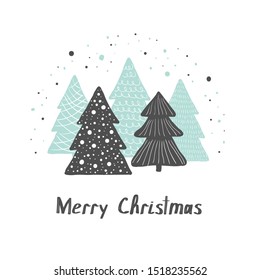Christmas vector greeting gard. Cute hand drawn Christmas trees in scandinavian style. Merry Christmas.