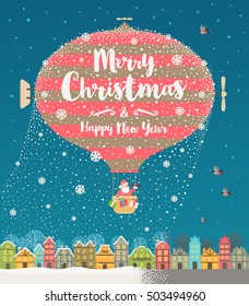 Christmas vector greeting illustration. Hot air balloon with Santa Claus flight over the winter old town