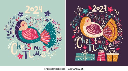 Christmas vector greeting illustrations with beautiful bird.	