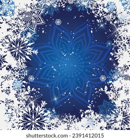 Christmas vector grunge dark blue gradient frame with  snowflakes and stars 