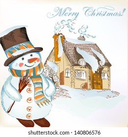 Christmas vector hand drawn card in sketch style with snowman and cute house