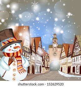 Christmas vector hand drawn card in sketch style with snowman and cute street with vintage houses