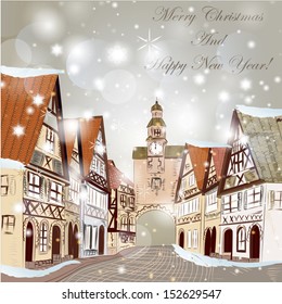 Christmas vector hand drawn card in sketch style with old street and vintage houses