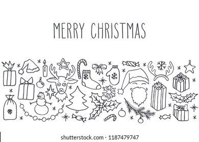 Christmas vector hand drawn doodle card with greetings in black over white background. Santa, tree, reindeer, snowman, snowflakes, gifts, decorations, holly, candle, stars.