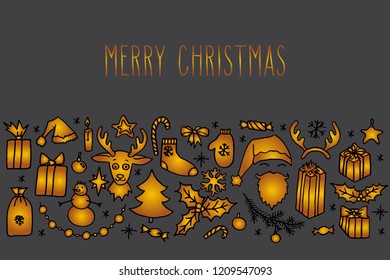 Christmas vector hand drawn doodle card with greetings in golden over gray. Santa, tree, reindeer, snowman, snowflakes, gifts, decorations, holly, candle, stars.