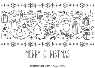 Christmas vector hand drawn doodle card with greetings in black over white background. Santa, tree, reindeer, snowman, snowflakes, gifts, decorations, holly, candle, stars.