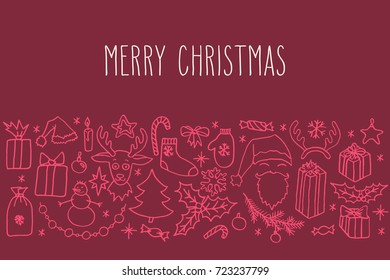 Christmas vector hand drawn doodle greeting card in pink color. Santa, tree, reindeer, snowman, snowflakes, gifts, decorations, holly, candle, stars.