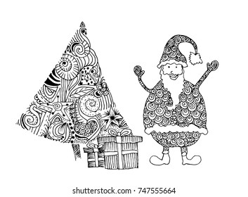 Christmas vector hand drawn doodle card in black over white background with Santa, tree and gifts