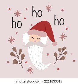 Christmas vector with hand drawn santa claus, leaves, stars and dots.