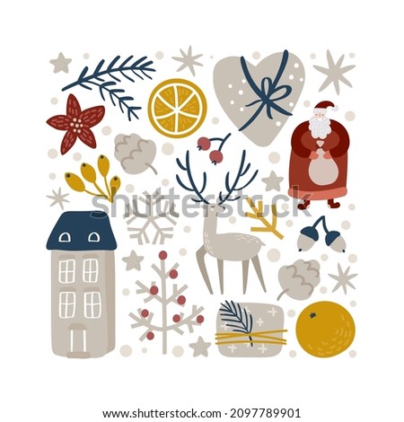 Christmas vector hand drawn square form xmas doodle scandinavian elements house, deer, snowflake, orange and other. Composition for winter holiday greeting card.