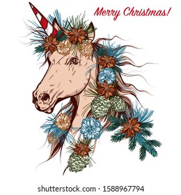 Christmas vector hand drawn unicorn with cone and fur branches, vintage style card