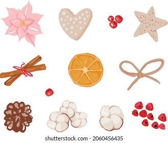 Christmas vector hand-drawn orange, cotton, cinnamon, berries, gingerbread, Poinsettia Flowers. Happy New Year holidays elements. For greeting cards, wrapping papers.