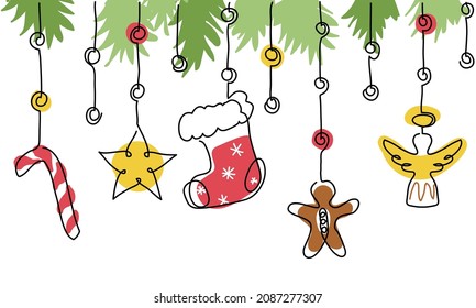 Christmas vector hanging decorations and sock  candy cane  star  angel  gingerbread man  Xmas decorations  christmas tree toys background  One continuous line art color drawing 