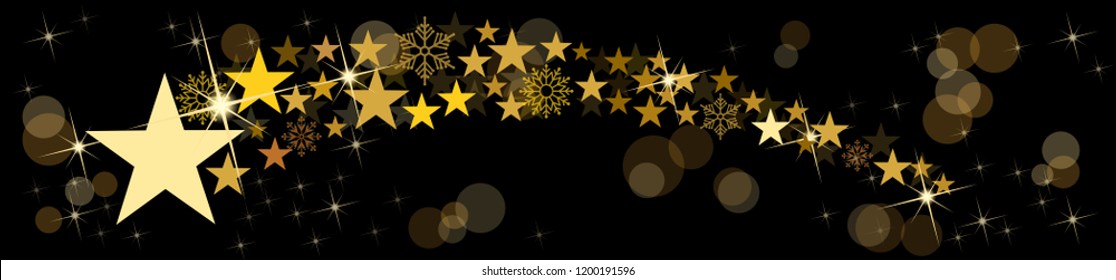 Christmas vector header. Comet and stars, with blurry light. Black background