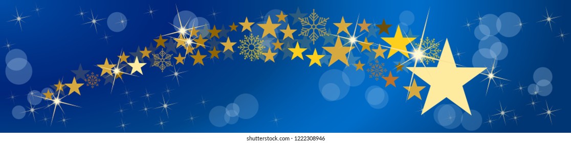 Christmas vector header. Comet and stars, with blurry light. Blue background