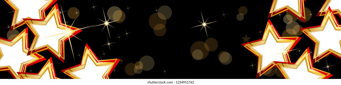 Christmas vector header. Stars with blurry light. Black background