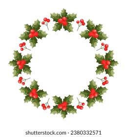 Christmas vector holiday border, frame, wreath. Xmas nature design poinsettia isolated on white. Red holly berry. New Year's symbols. For celebration banners, headers, posters. 