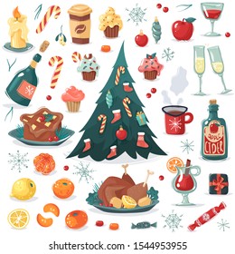 Christmas vector holiday food and drink in cartoon style and other items, tree toys and candy. Fruit, gifts, wine, cider, festive meal