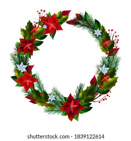 Christmas vector holiday wreath with poinsettia red leaves, pine branches, stars, berries. Winter x-mas plants in circle frame. Traditional Christmas wreath decoration with holly, isolated on white