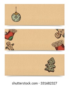 Christmas vector horizontal banners set, vintage drawings style on realistic parchment brown paper background