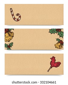 Christmas vector horizontal banners set, vintage drawings style on realistic parchment brown paper background