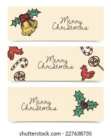Christmas vector horizontal banners, vintage drawings style on parchment or brown paper