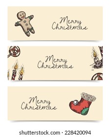 Christmas vector horizontal banners, vintage drawings style on parchment or brown paper